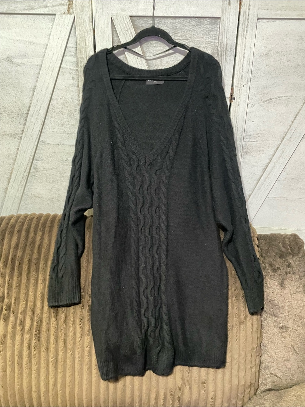 Black Cable Knit V-Neck Tunic Women's Sweater